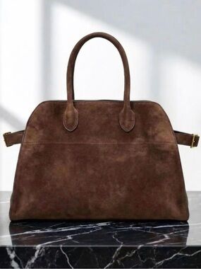 Chocolate Brown Suede Tote bag with gold logo